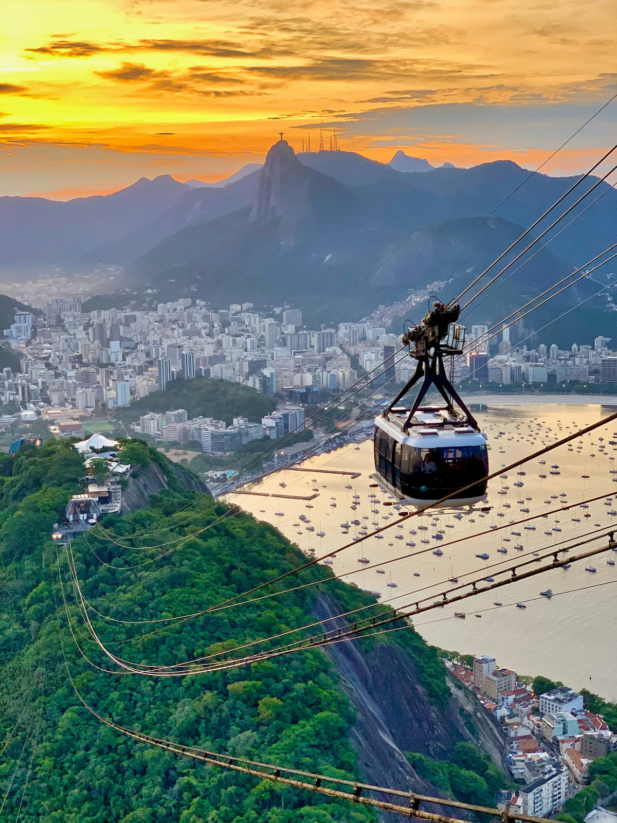 The Sugarloaf cable car above Rio de Janeiro and the bay