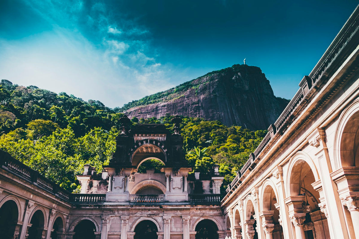 The courtyard of Parque Lage in Rio de Janeiro, with Corcovado mountain above