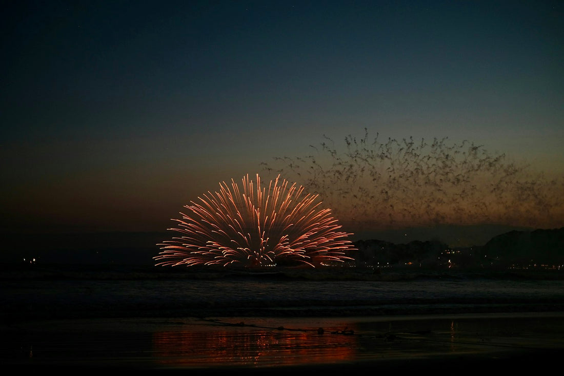 Fireworks bursting over the sea at night on New Year's Eve