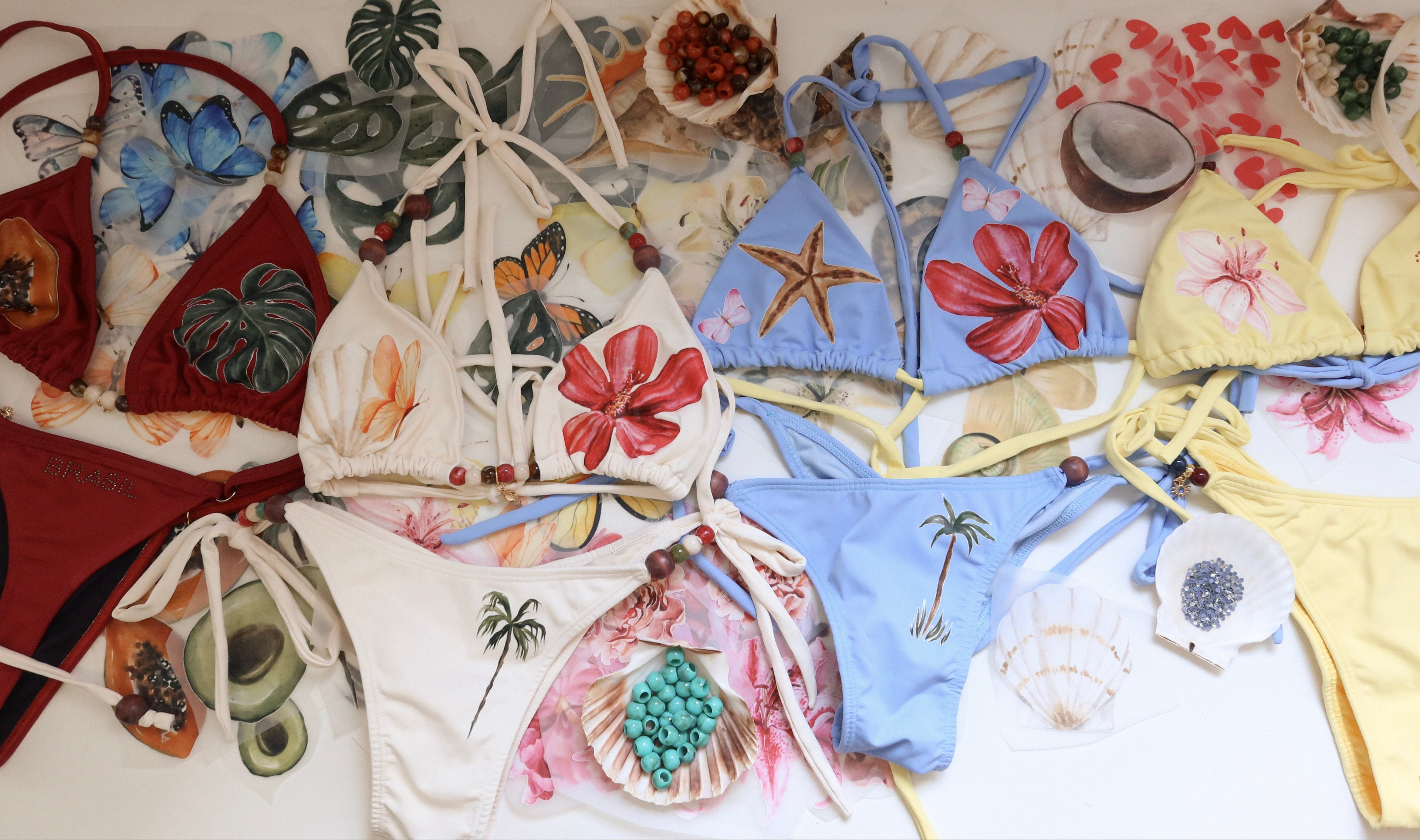 Collection of colorful fabric pieces with floral and nature-themed patterns on a white background.